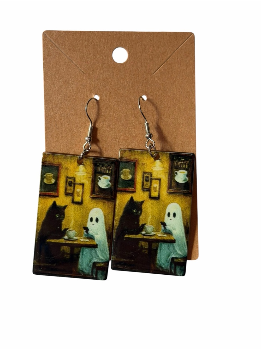 Ghost & Cat CafΓ© Art Earrings in Yellow
